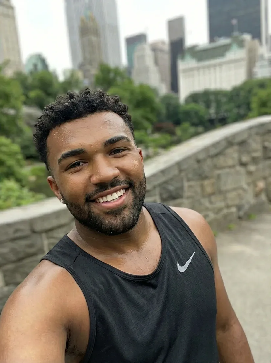 Original selfie input — smiling man in a black sleeveless top outdoors